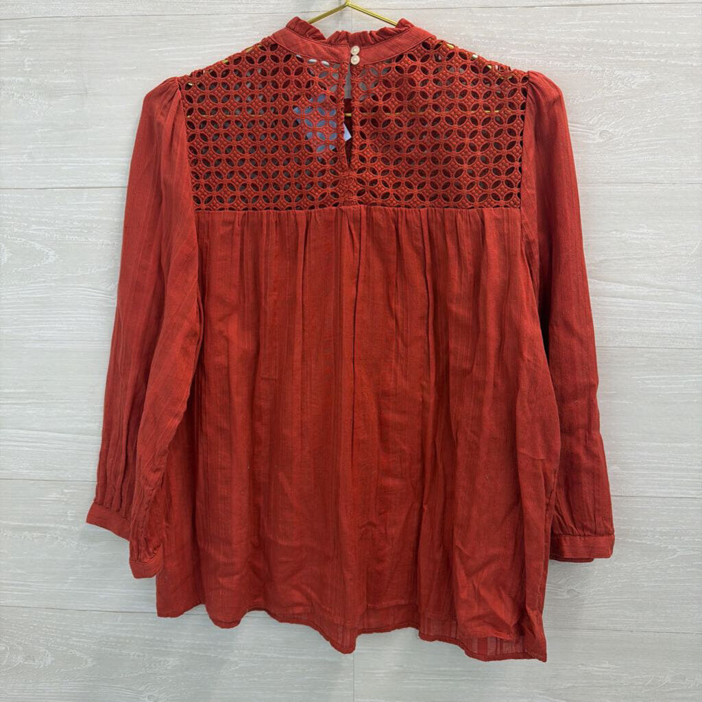 Gap Orange Lace Detail Long Sleeve Mock Neck Top Large