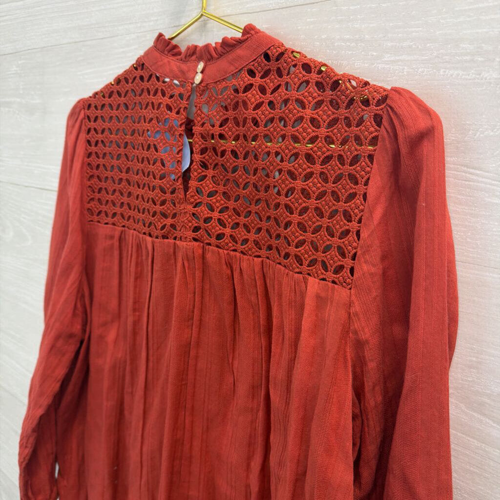 Gap Orange Lace Detail Long Sleeve Mock Neck Top Large