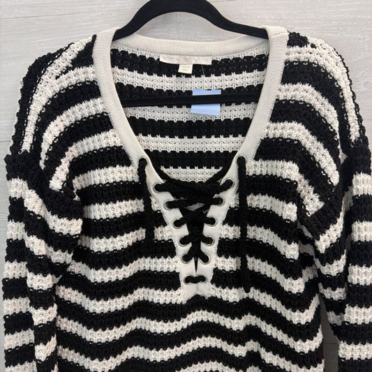 Boston Proper Black/ White Striped Knit Lace Up Front Sweater Medium