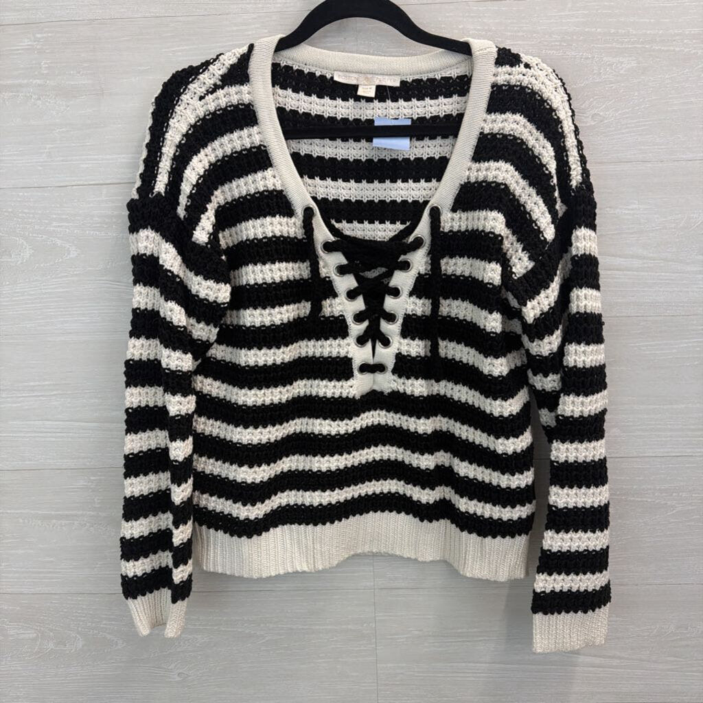 Boston Proper Black/ White Striped Knit Lace Up Front Sweater Medium