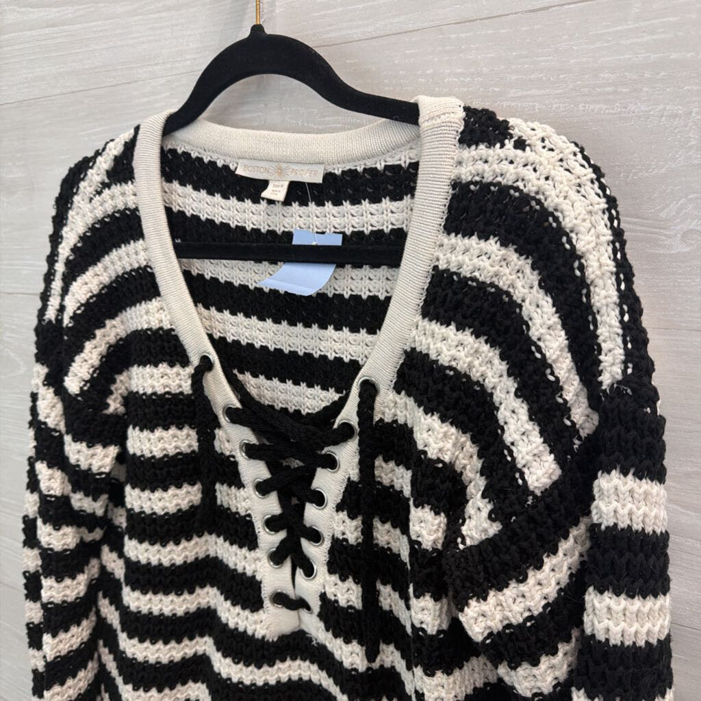 Boston Proper Black/ White Striped Knit Lace Up Front Sweater Medium