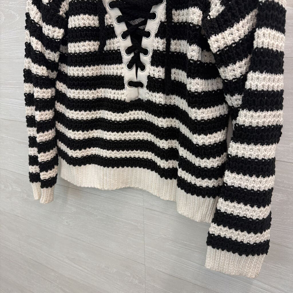 Boston Proper Black/ White Striped Knit Lace Up Front Sweater Medium