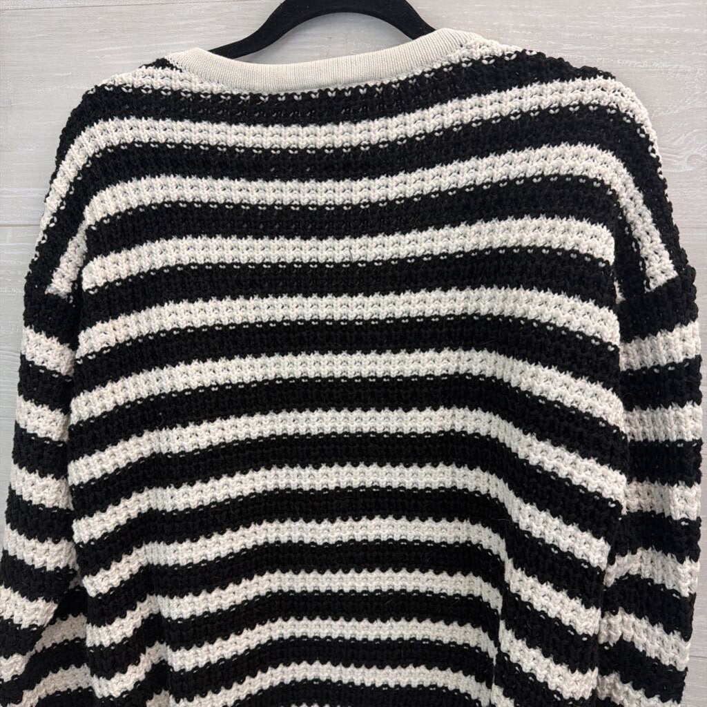 Boston Proper Black/ White Striped Knit Lace Up Front Sweater Medium