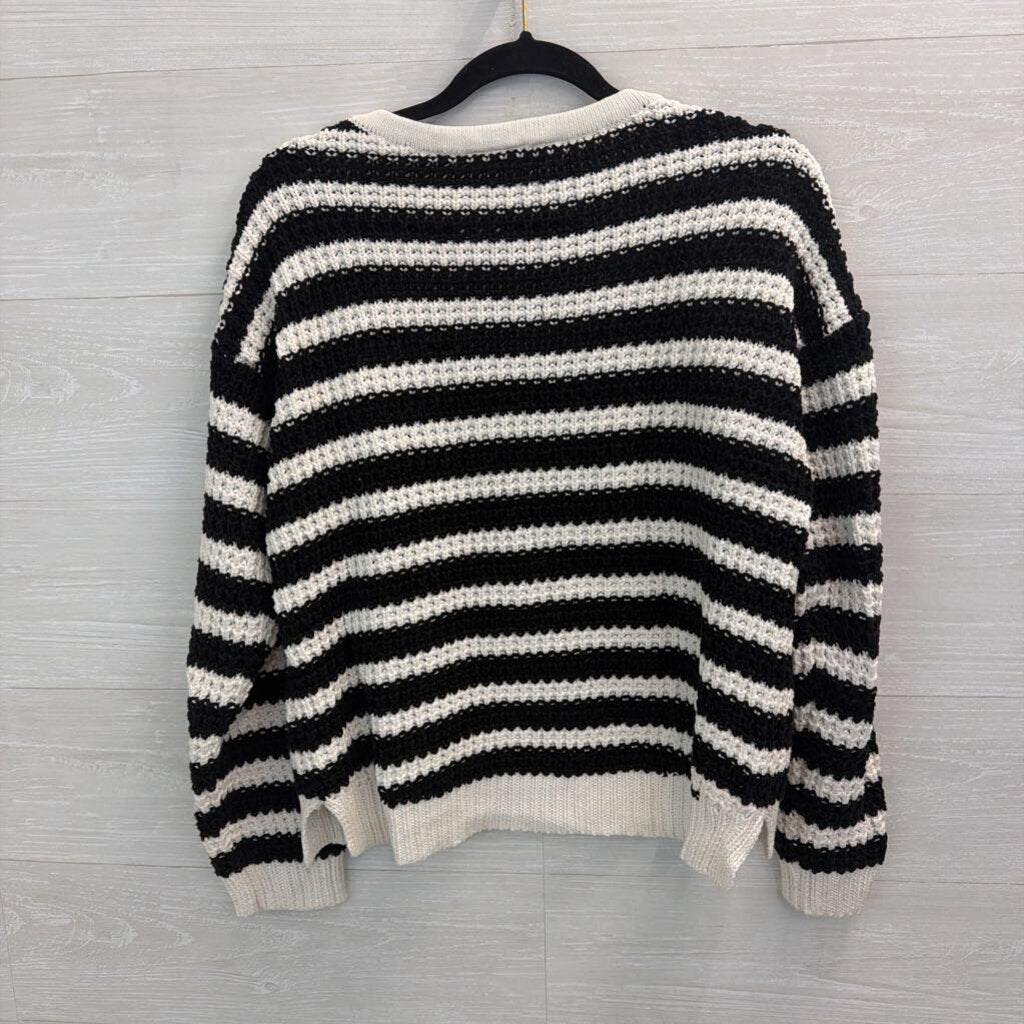 Boston Proper Black/ White Striped Knit Lace Up Front Sweater Medium