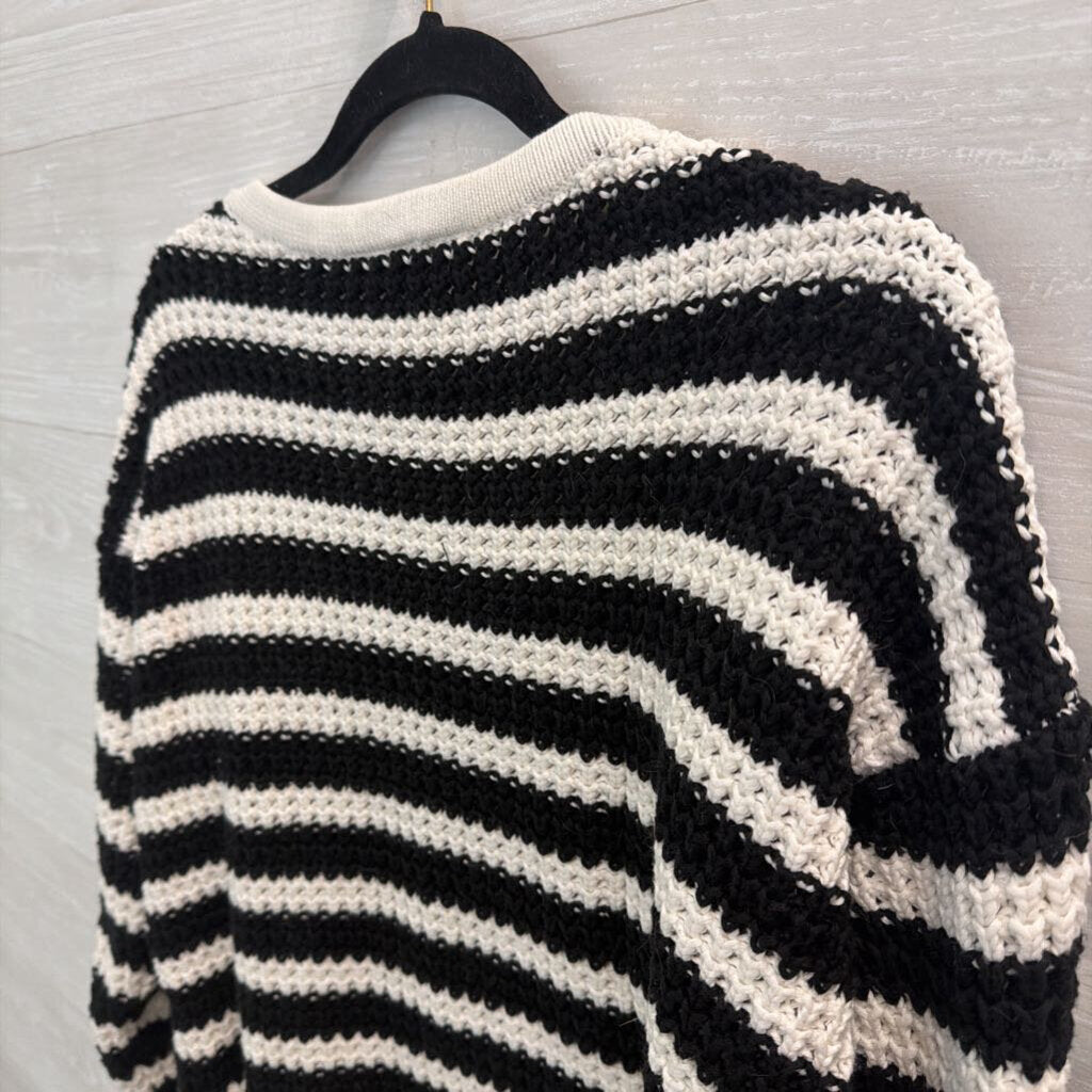 Boston Proper Black/ White Striped Knit Lace Up Front Sweater Medium