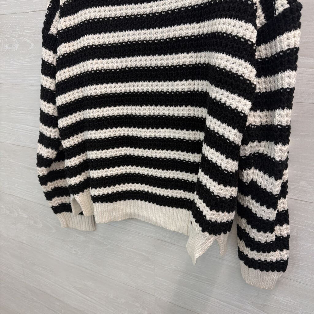 Boston Proper Black/ White Striped Knit Lace Up Front Sweater Medium