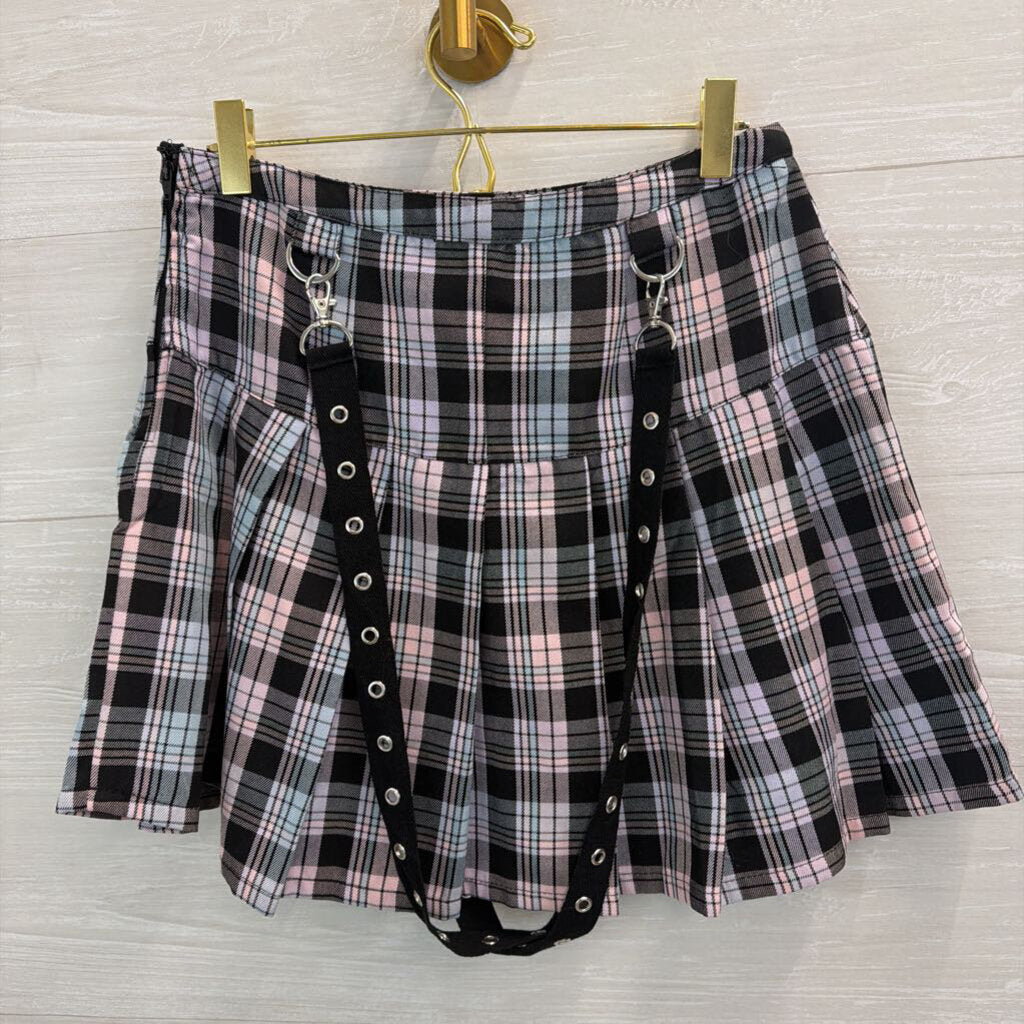 Hot Topic Black/ Pink Plaid Chain Detail Mini Skirt Small