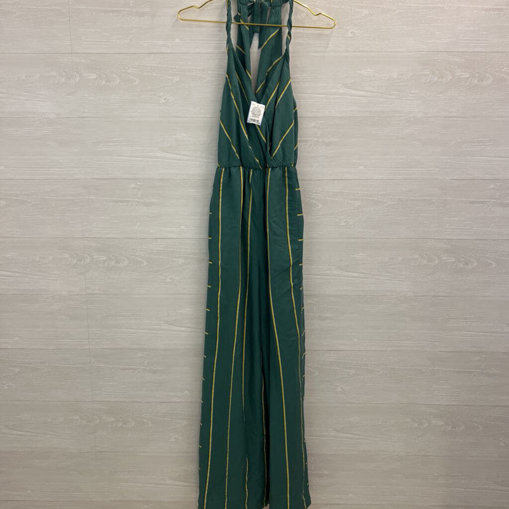 Anthropologie Green/ Yellow Striped Tie Waist Jumpsuit Small
