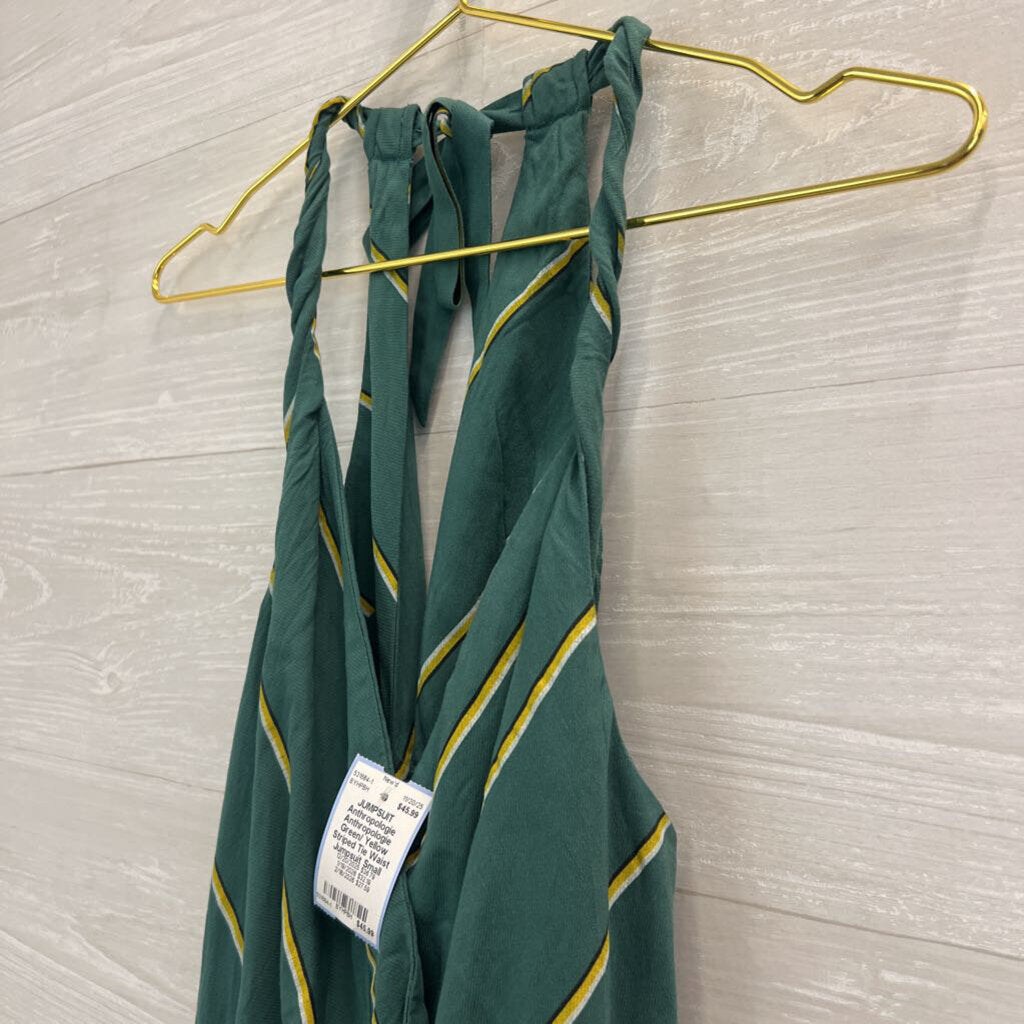 Anthropologie Green/ Yellow Striped Tie Waist Jumpsuit Small