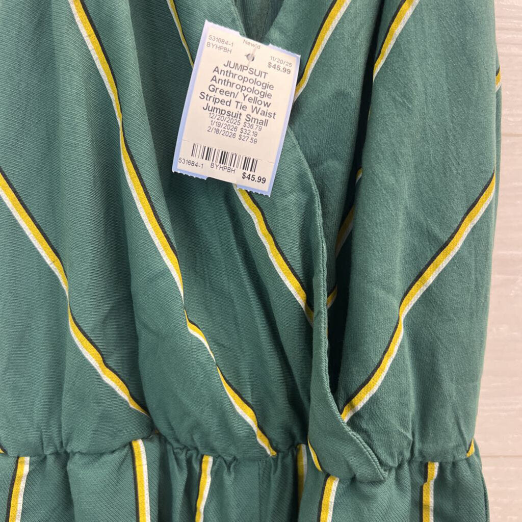 Anthropologie Green/ Yellow Striped Tie Waist Jumpsuit Small