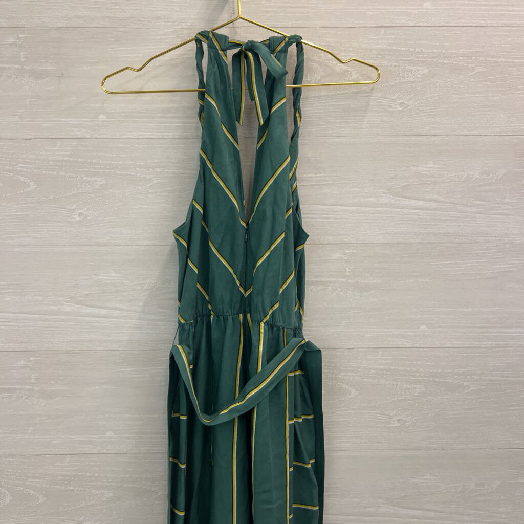 Anthropologie Green/ Yellow Striped Tie Waist Jumpsuit Small