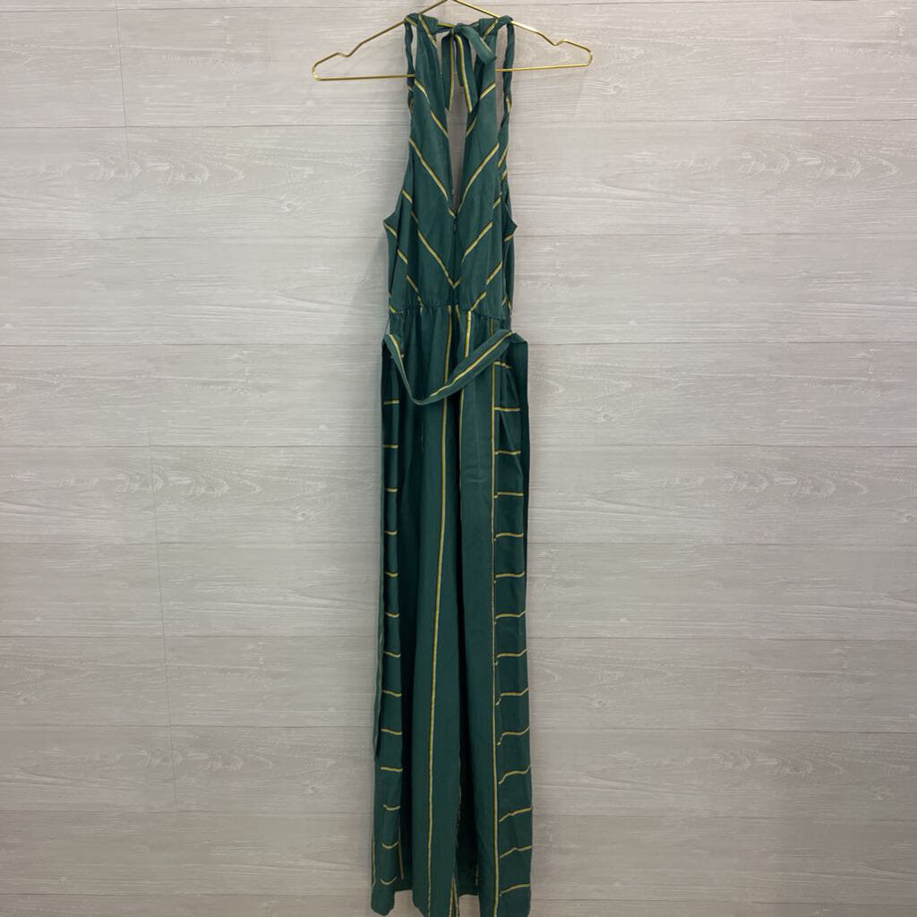 Anthropologie Green/ Yellow Striped Tie Waist Jumpsuit Small