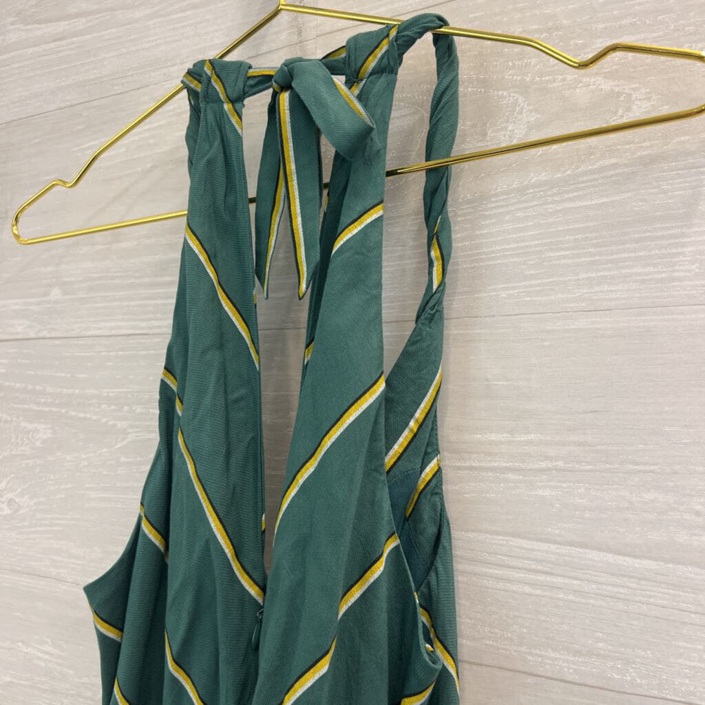 Anthropologie Green/ Yellow Striped Tie Waist Jumpsuit Small