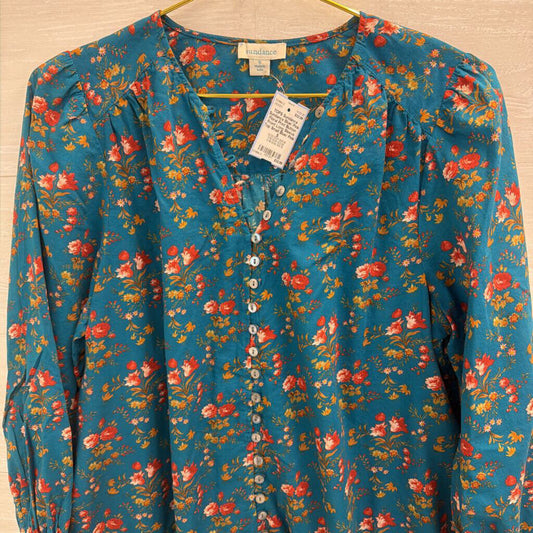Sundance Blue/ Pink Floral Print Button Front Long Sleeve Top Small