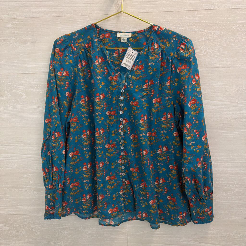 Sundance Blue/ Pink Floral Print Button Front Long Sleeve Top Small