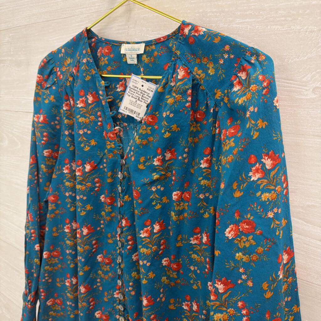 Sundance Blue/ Pink Floral Print Button Front Long Sleeve Top Small