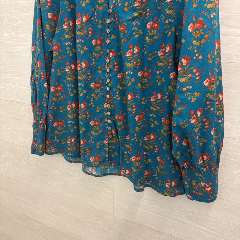 Sundance Blue/ Pink Floral Print Button Front Long Sleeve Top Small