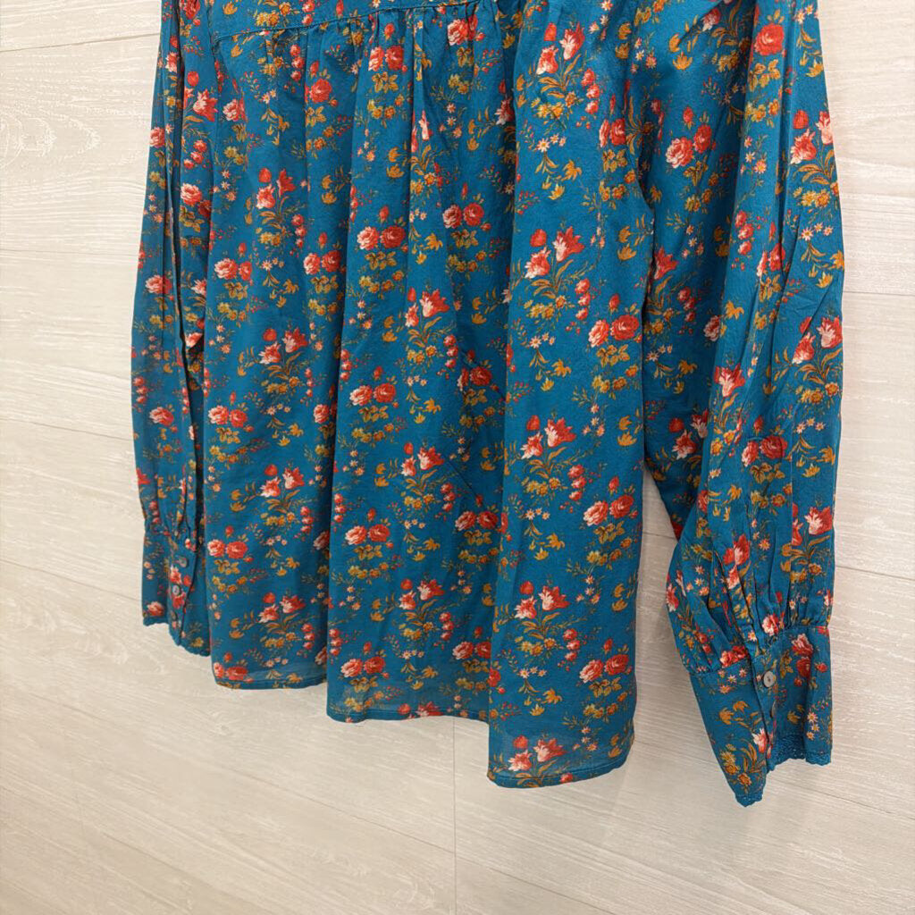 Sundance Blue/ Pink Floral Print Button Front Long Sleeve Top Small
