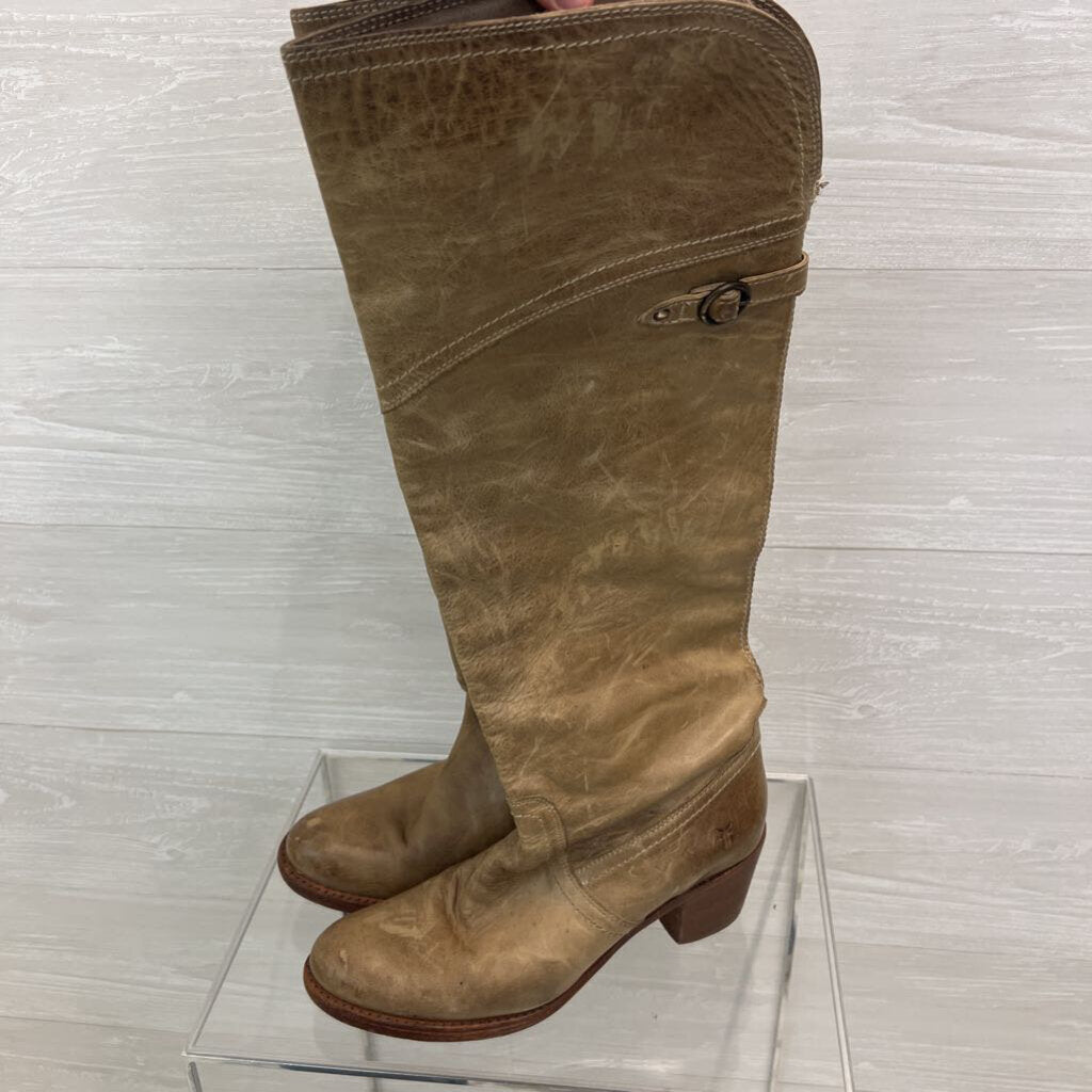 Frye Beige Leather Lucinda Over The Knee Heeled Riding Boots 9