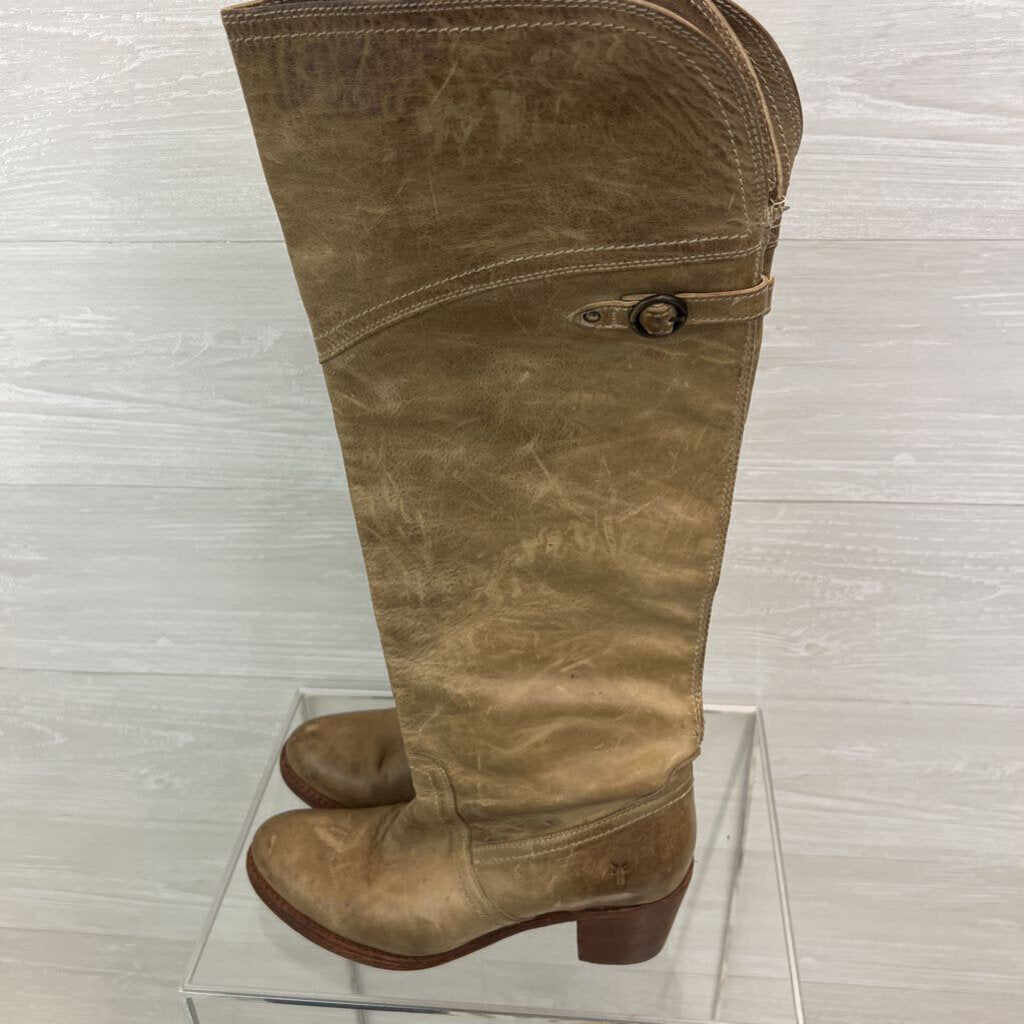 Frye Beige Leather Lucinda Over The Knee Heeled Riding Boots 9