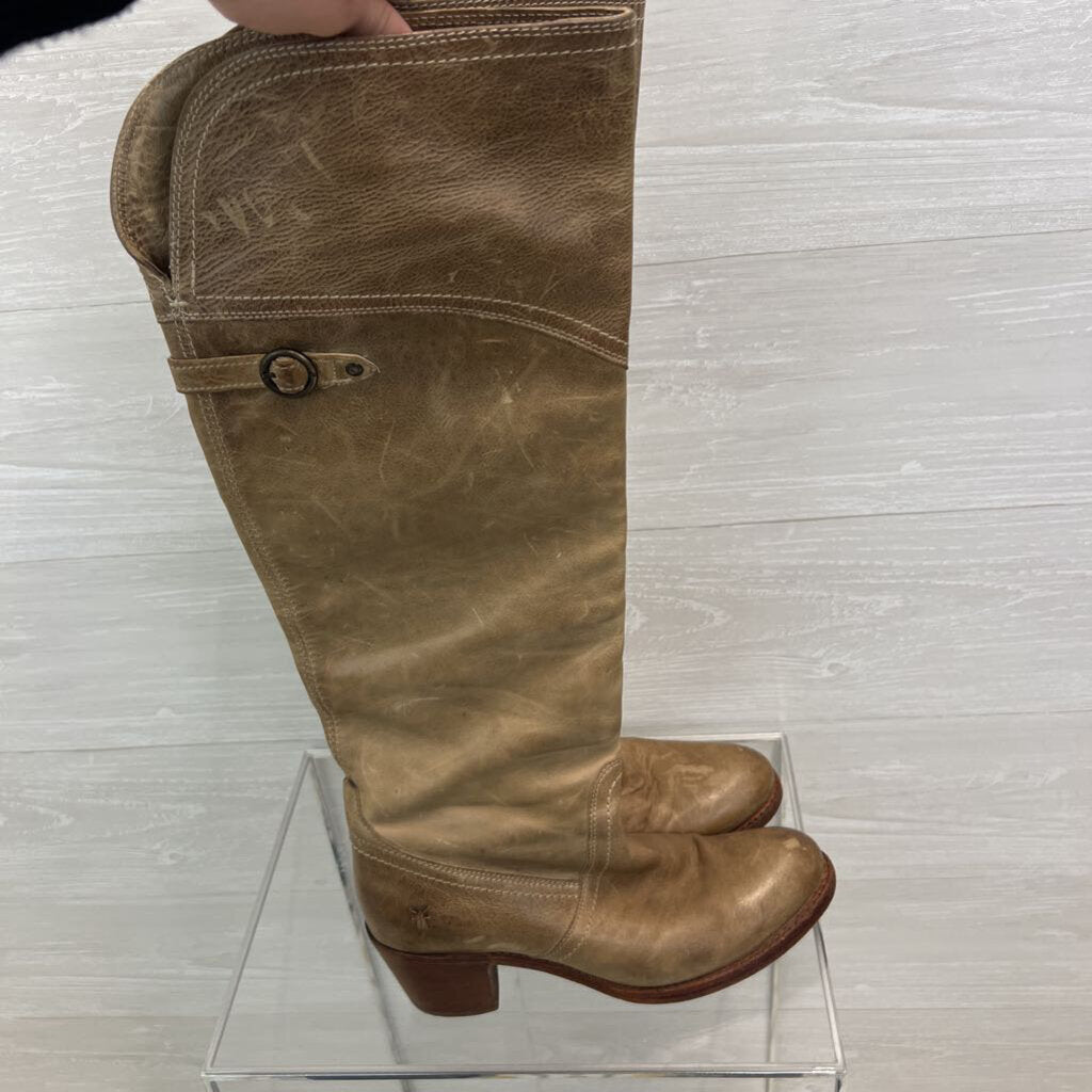 Frye Beige Leather Lucinda Over The Knee Heeled Riding Boots 9