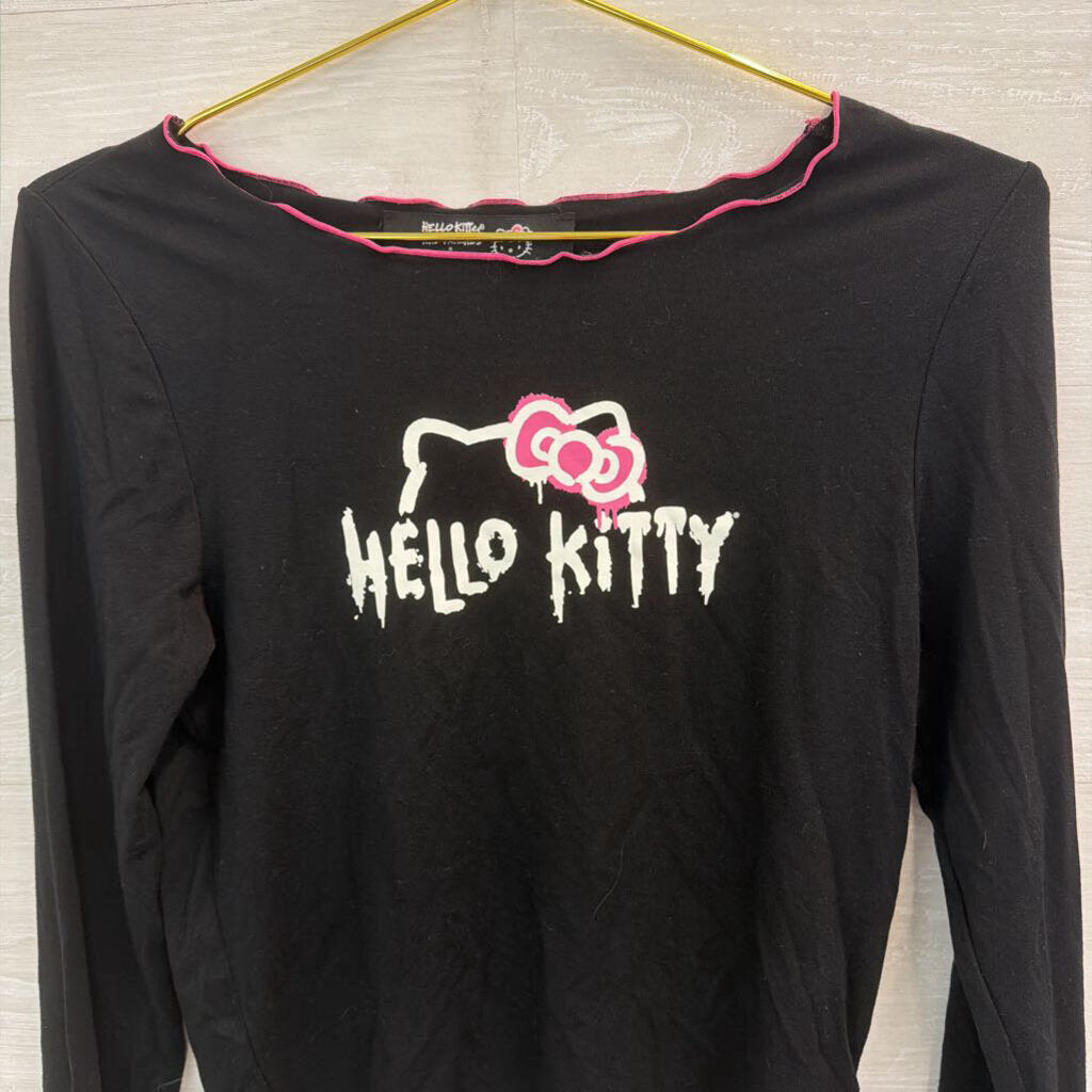 Forever 21 Black/ Pink Long Sleeve Cropped Hello Kitty Top Medium