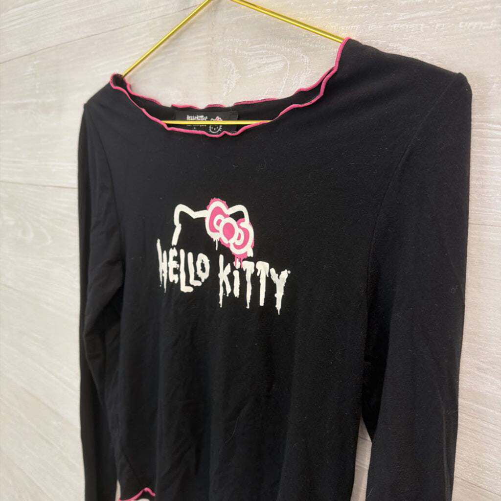 Forever 21 Black/ Pink Long Sleeve Cropped Hello Kitty Top Medium