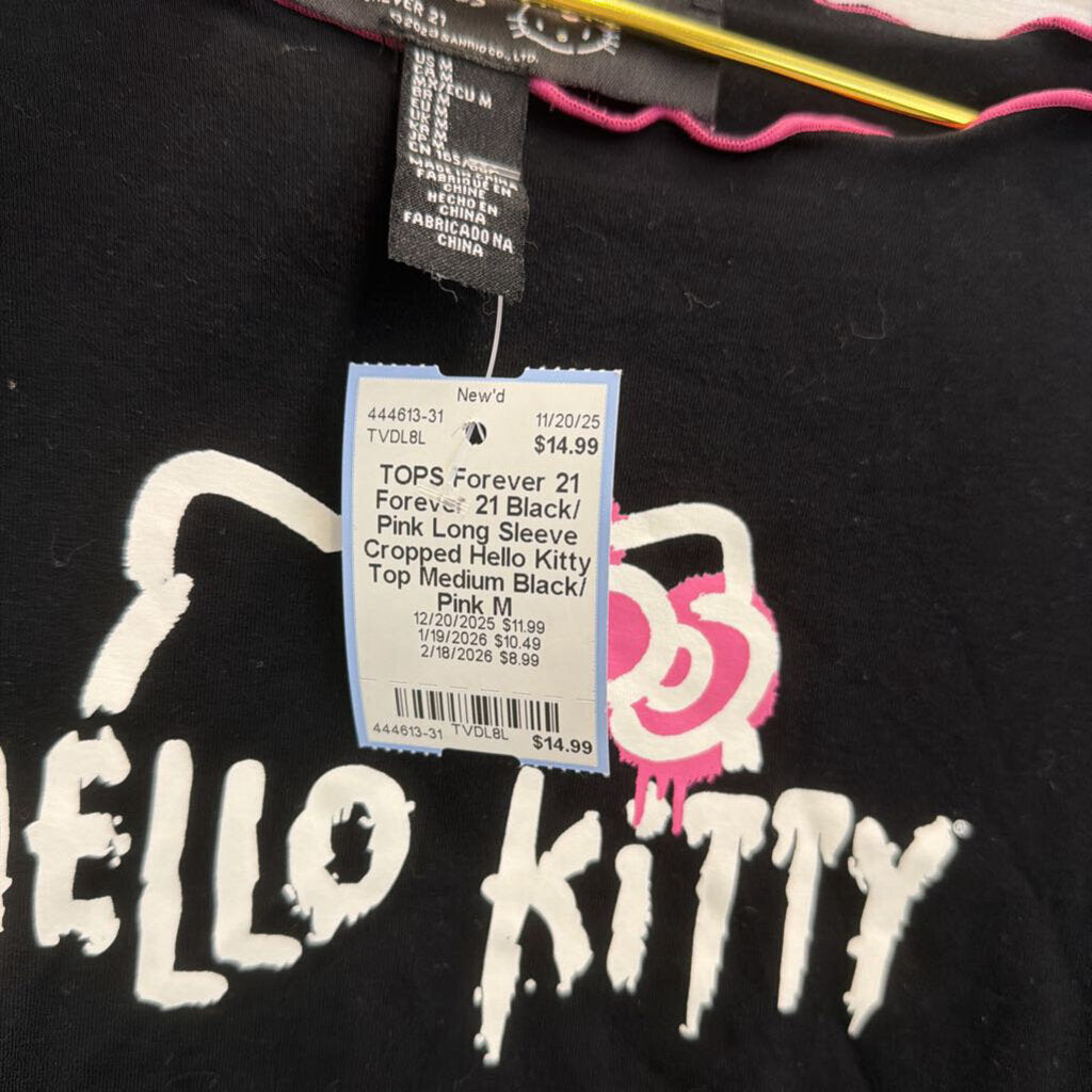 Forever 21 Black/ Pink Long Sleeve Cropped Hello Kitty Top Medium
