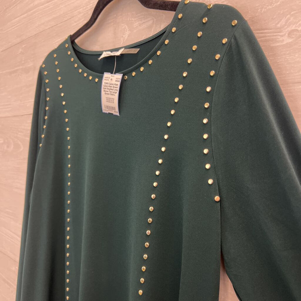 Calvin Klein Green/ Gold Studded Long Sleeve Top Large