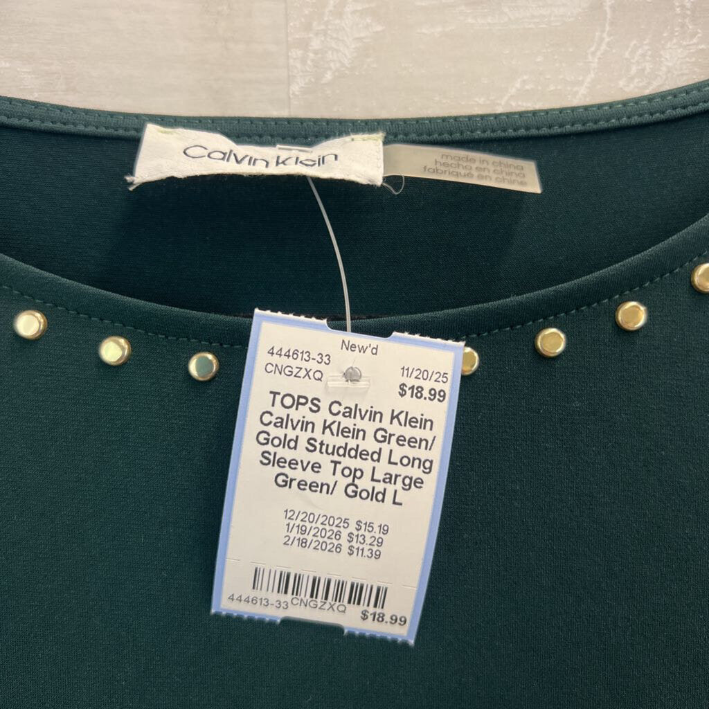 Calvin Klein Green/ Gold Studded Long Sleeve Top Large