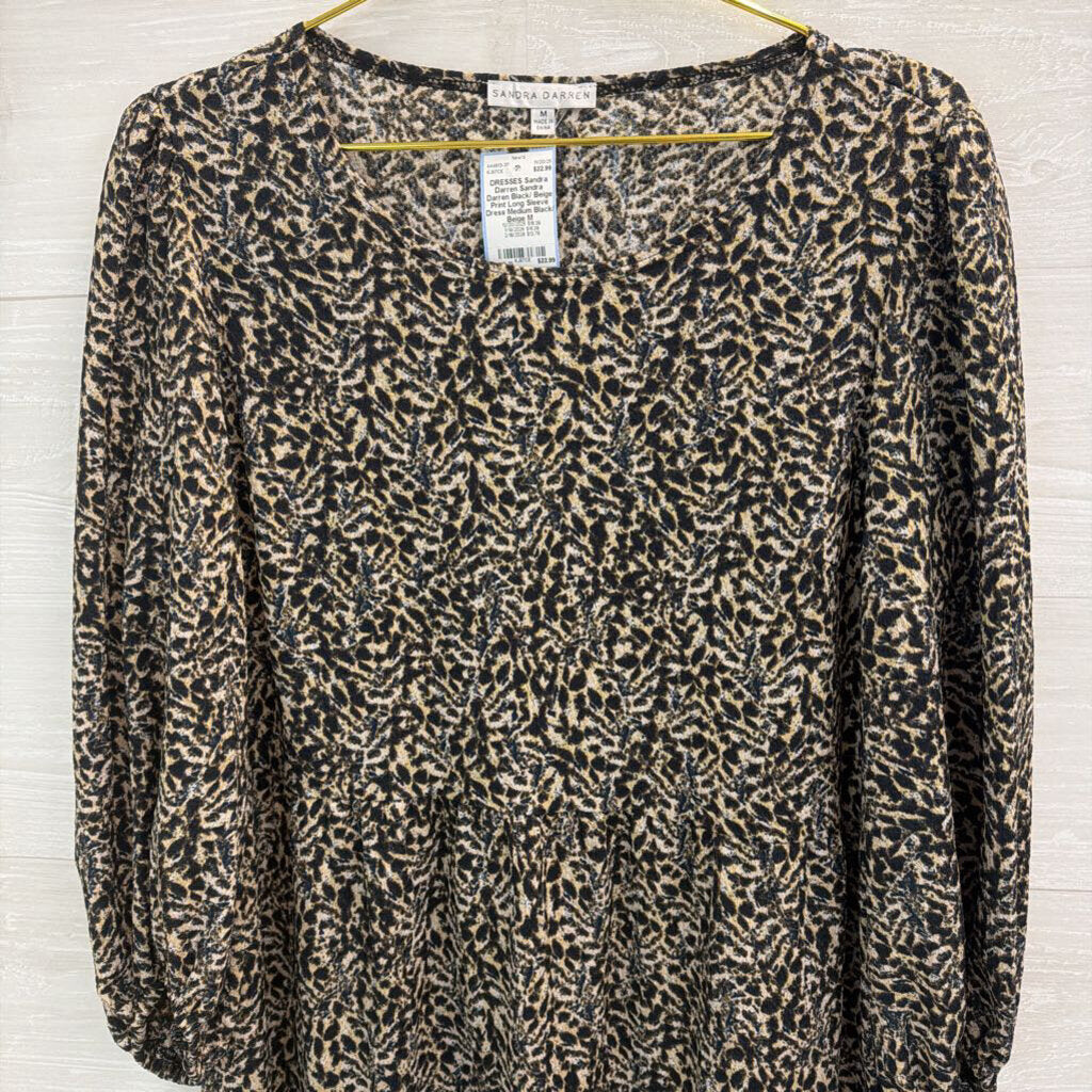 Sandra Darren Black/ Beige Print Long Sleeve Dress Medium
