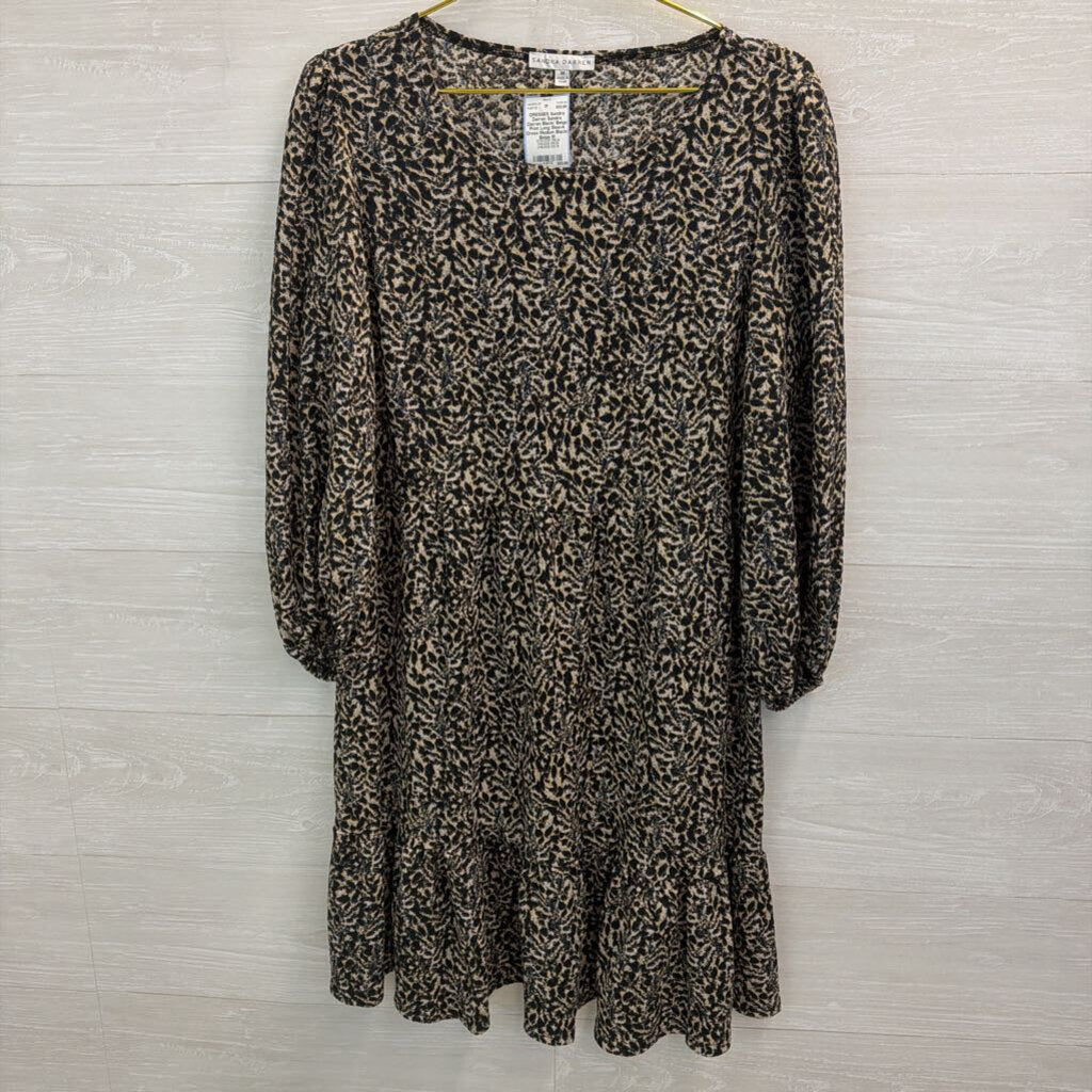 Sandra Darren Black/ Beige Print Long Sleeve Dress Medium