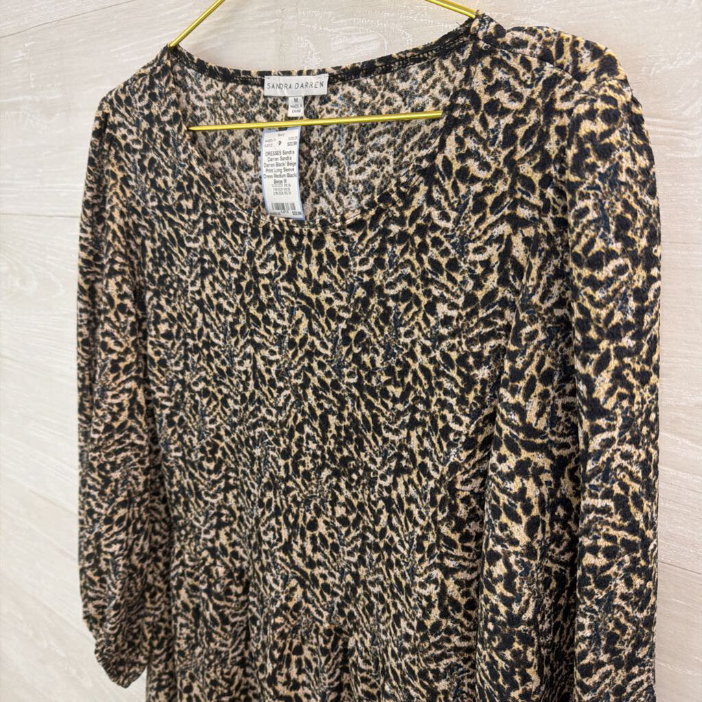 Sandra Darren Black/ Beige Print Long Sleeve Dress Medium