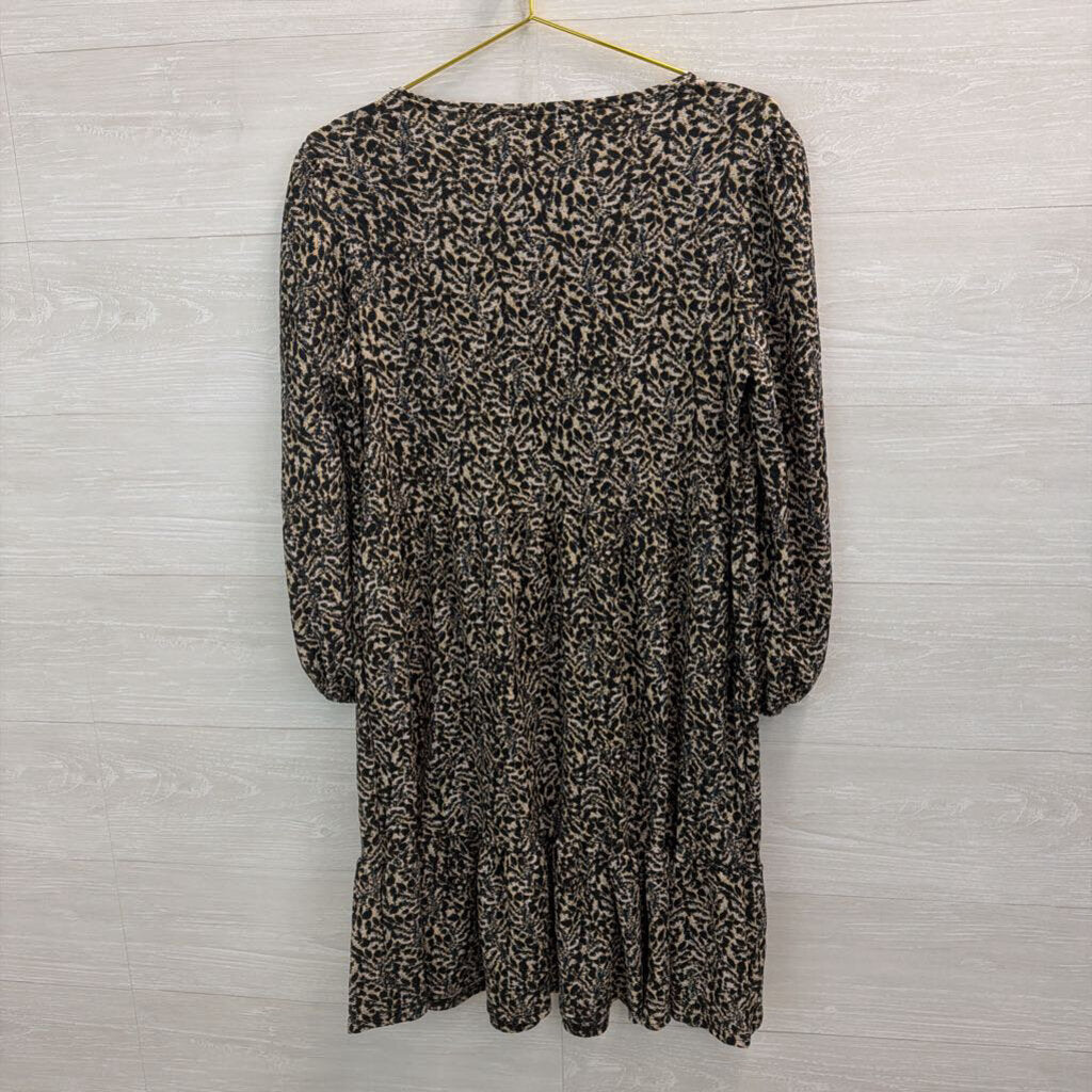 Sandra Darren Black/ Beige Print Long Sleeve Dress Medium