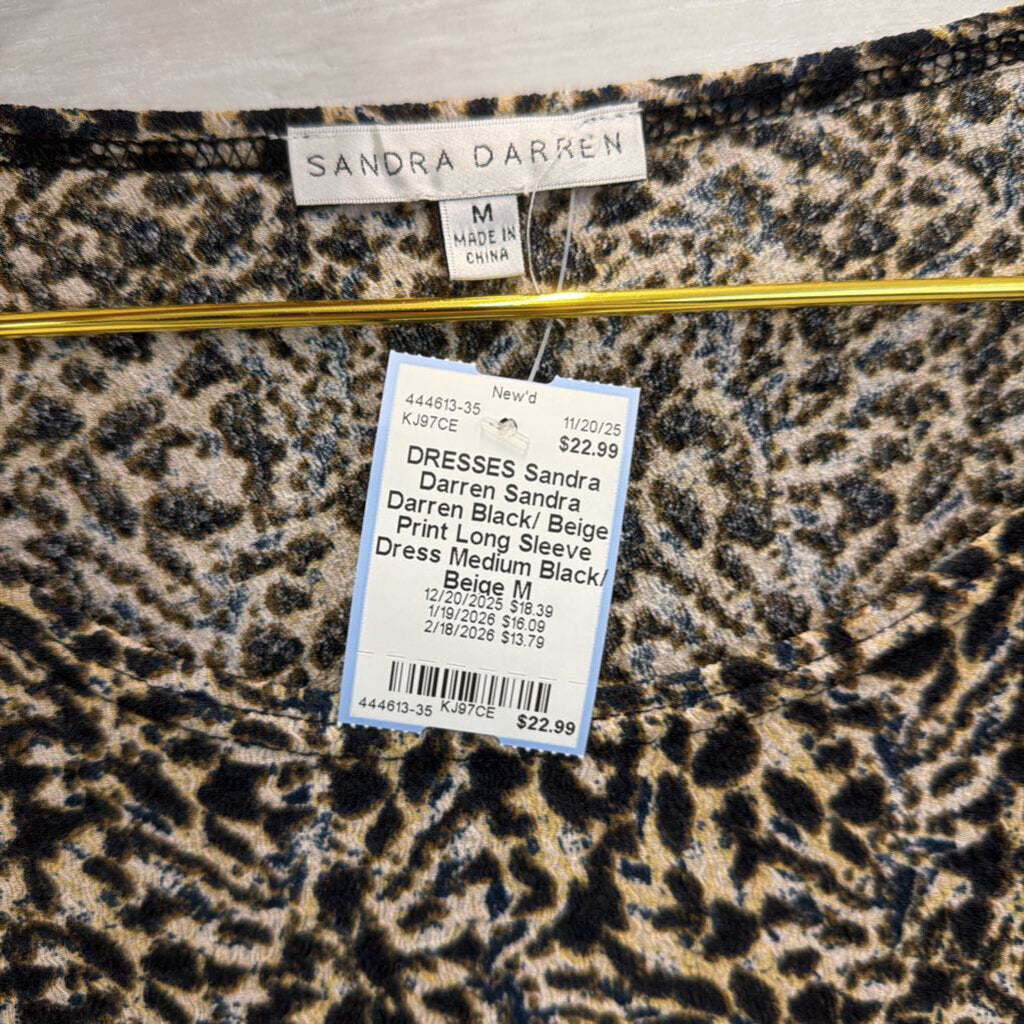 Sandra Darren Black/ Beige Print Long Sleeve Dress Medium