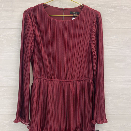 City Studio Burgundy Pleated Shimmer Tie Waist Long Sleeve Dress Large