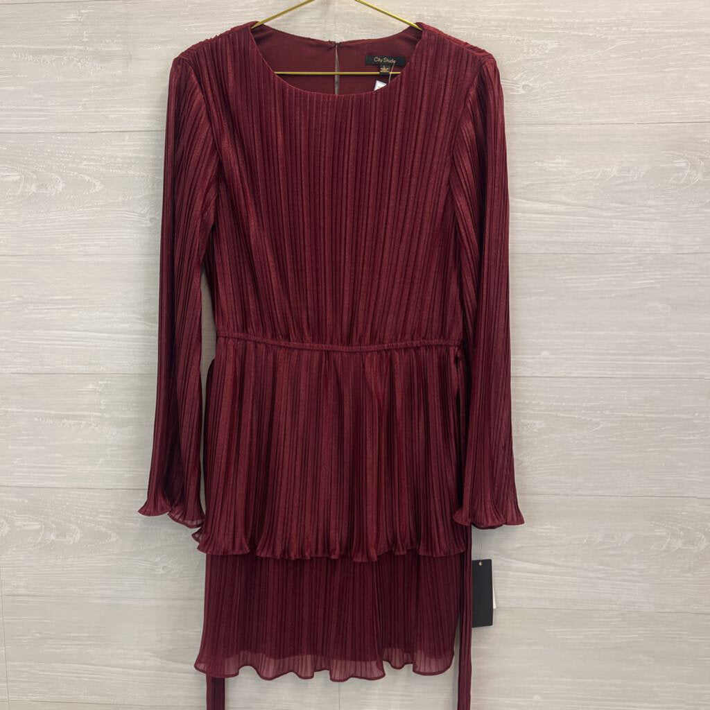 City Studio Burgundy Pleated Shimmer Tie Waist Long Sleeve Dress Large