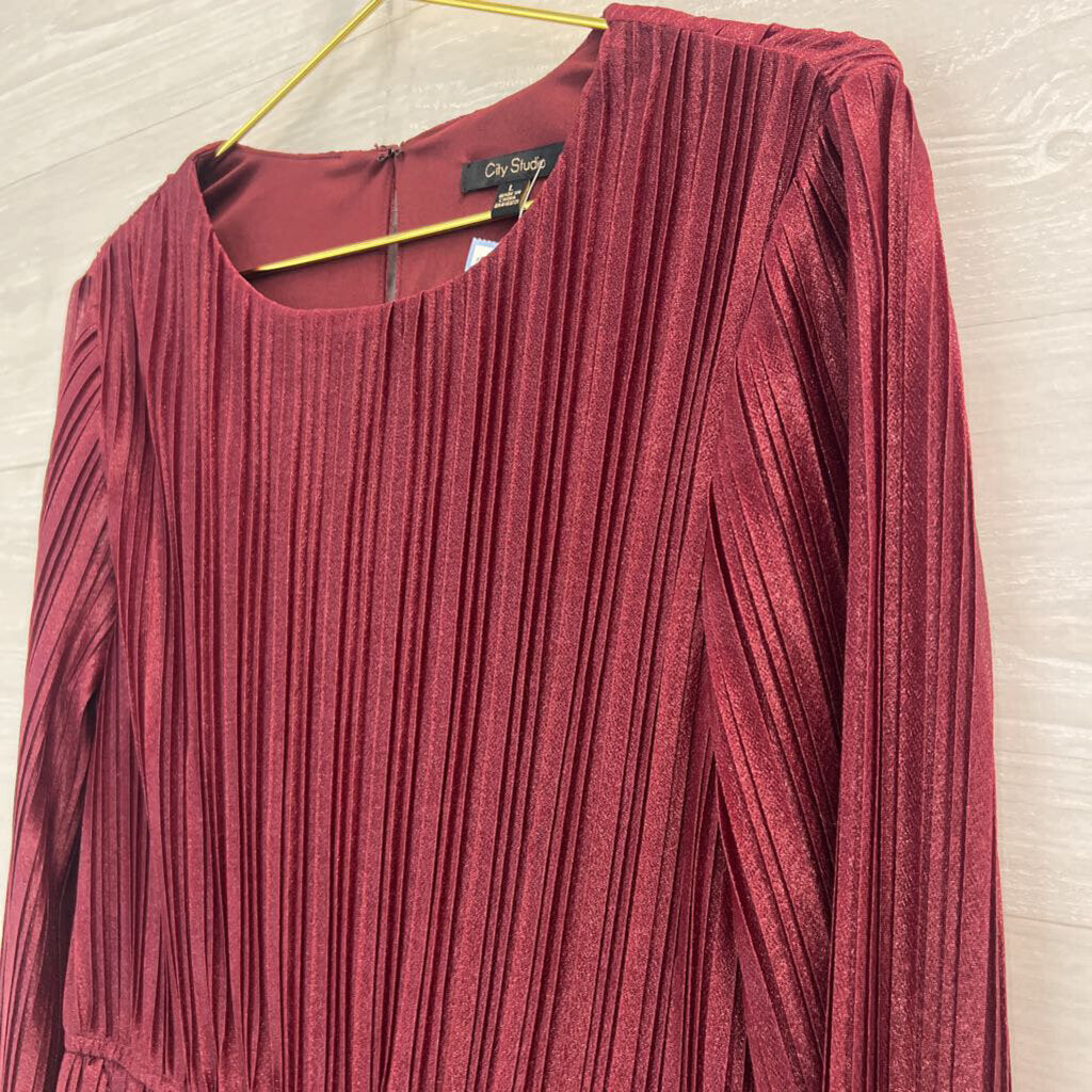City Studio Burgundy Pleated Shimmer Tie Waist Long Sleeve Dress Large