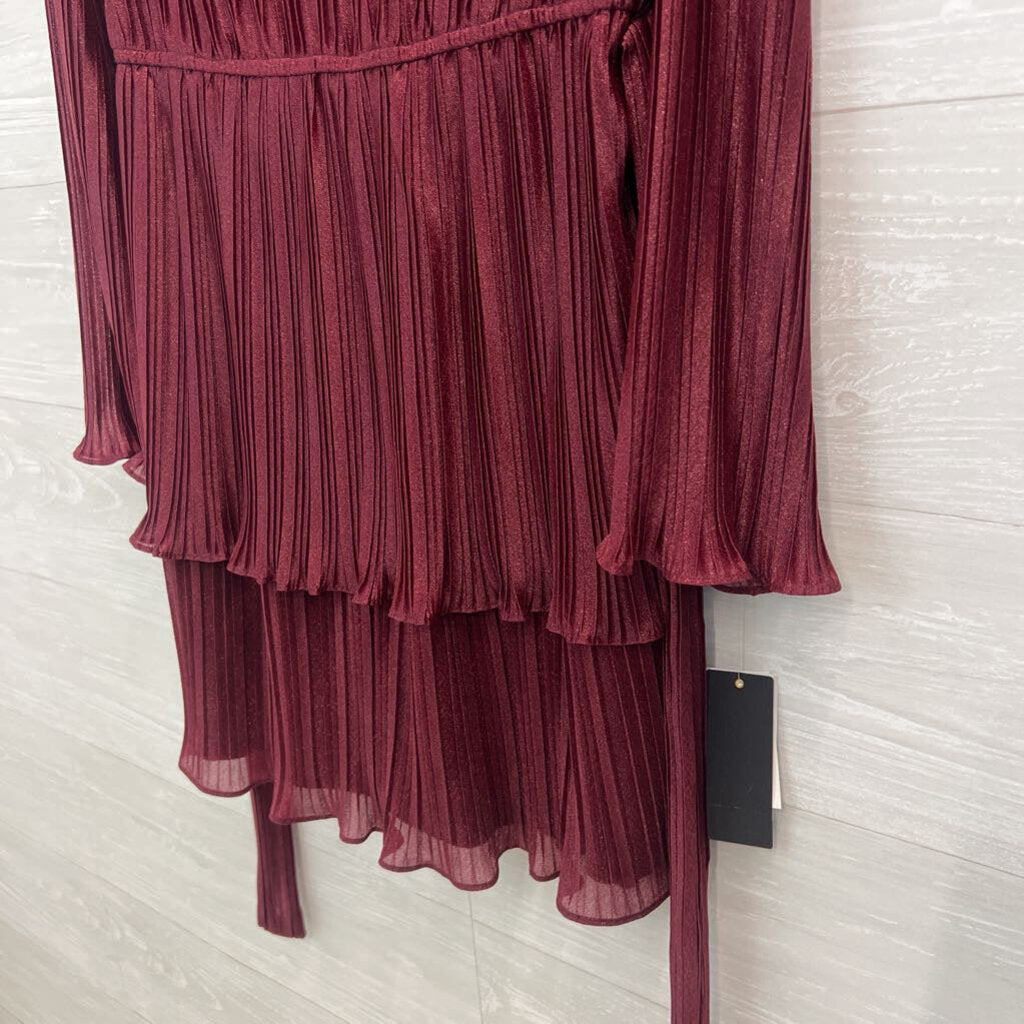 City Studio Burgundy Pleated Shimmer Tie Waist Long Sleeve Dress Large