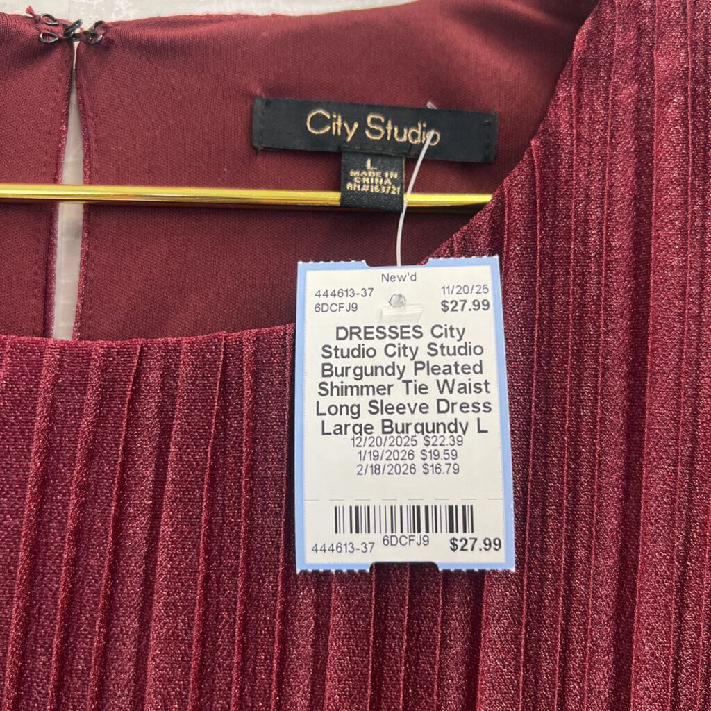 City Studio Burgundy Pleated Shimmer Tie Waist Long Sleeve Dress Large