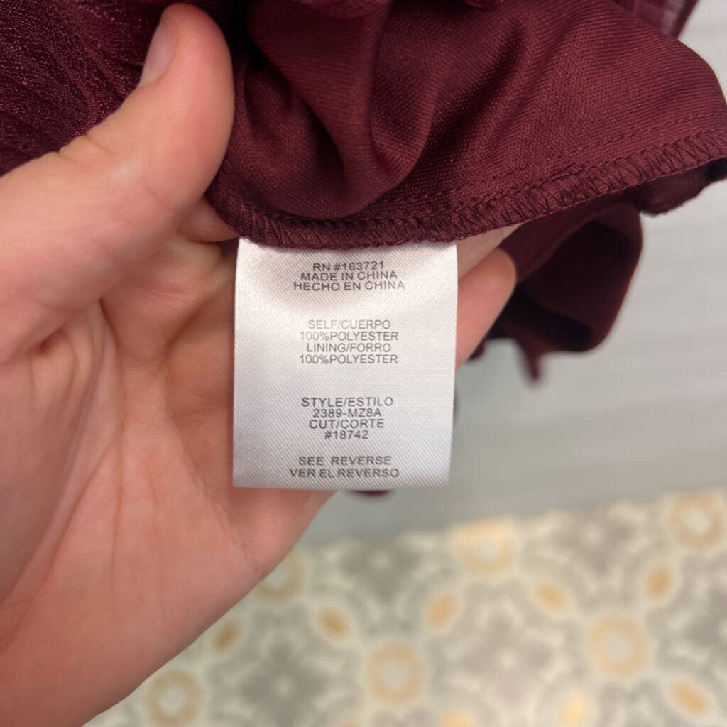 City Studio Burgundy Pleated Shimmer Tie Waist Long Sleeve Dress Large