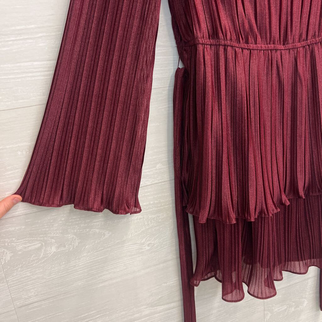 City Studio Burgundy Pleated Shimmer Tie Waist Long Sleeve Dress Large