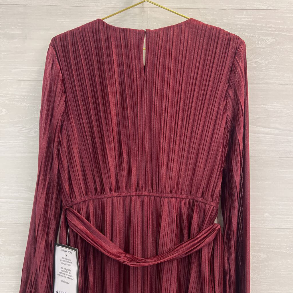 City Studio Burgundy Pleated Shimmer Tie Waist Long Sleeve Dress Large