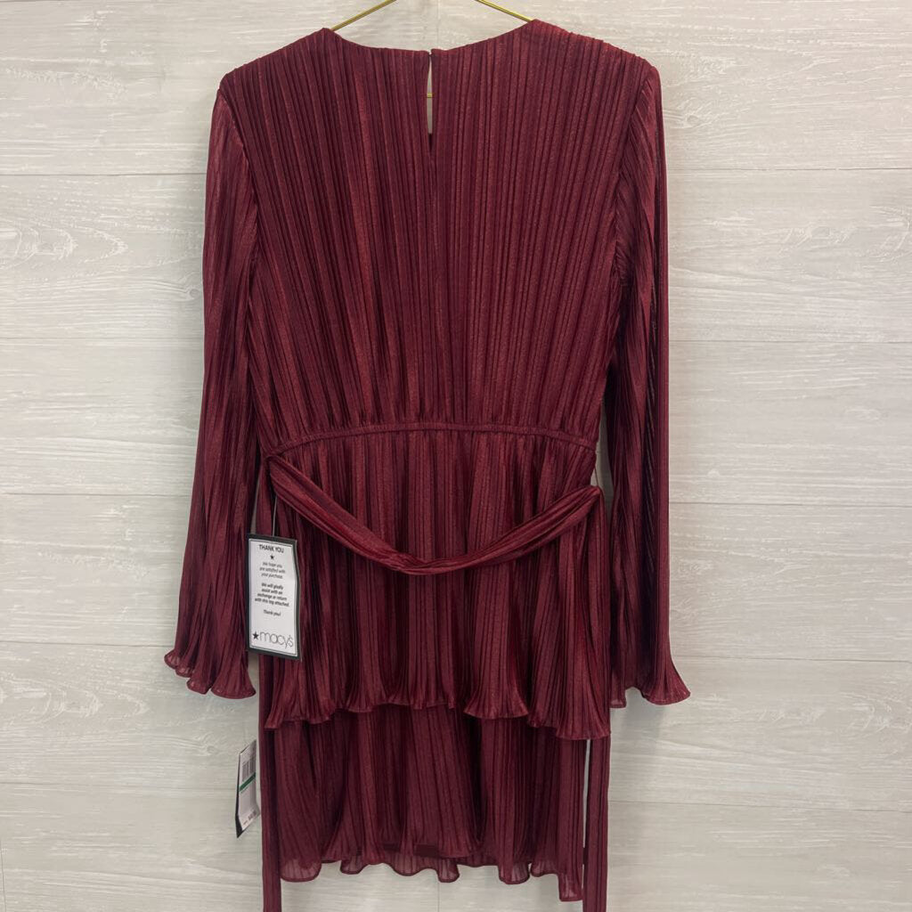 City Studio Burgundy Pleated Shimmer Tie Waist Long Sleeve Dress Large