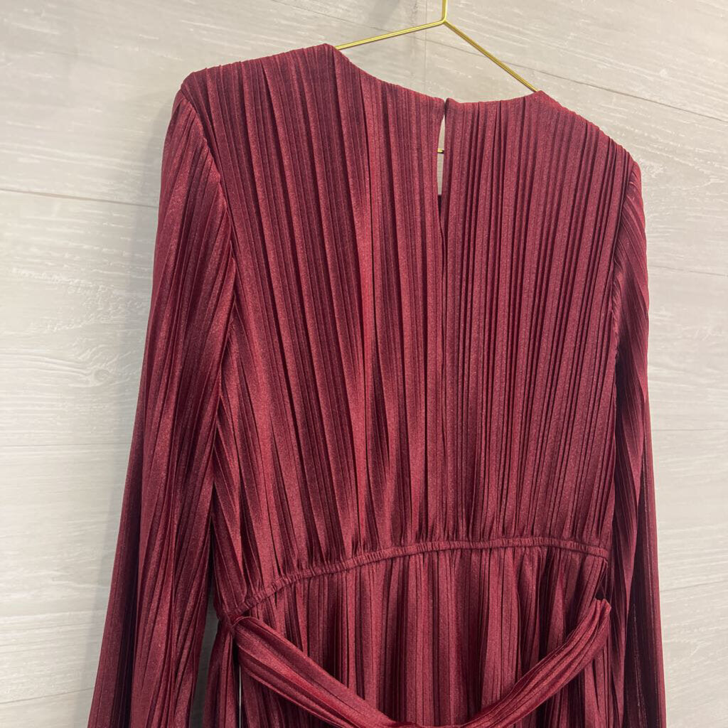 City Studio Burgundy Pleated Shimmer Tie Waist Long Sleeve Dress Large