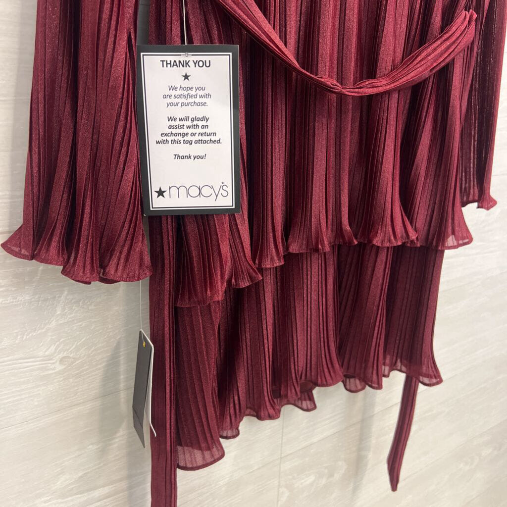 City Studio Burgundy Pleated Shimmer Tie Waist Long Sleeve Dress Large