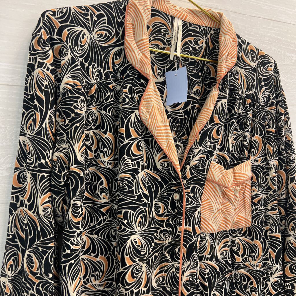 Anthropologie Black/ White/ Orange Print Long Sleeve Button Down Top Medium