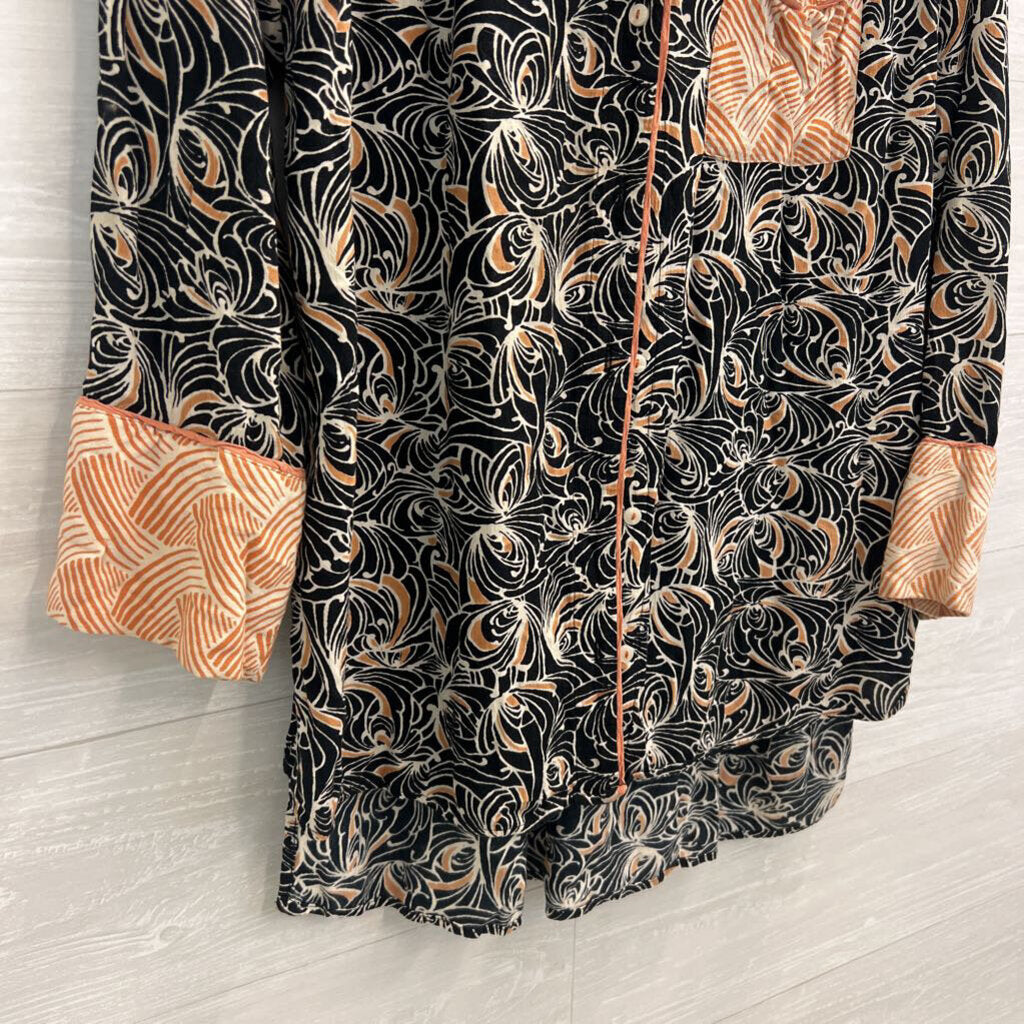 Anthropologie Black/ White/ Orange Print Long Sleeve Button Down Top Medium