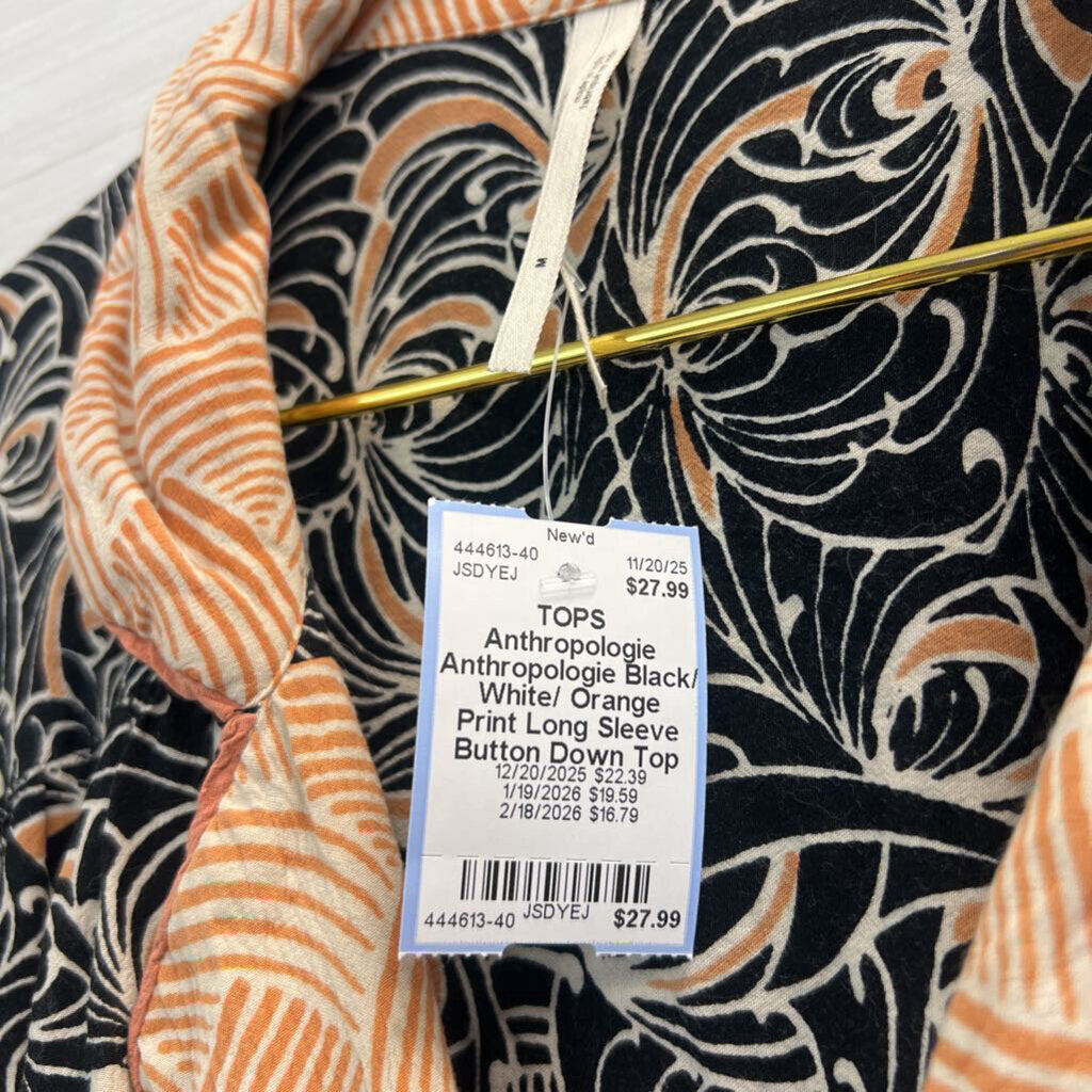 Anthropologie Black/ White/ Orange Print Long Sleeve Button Down Top Medium