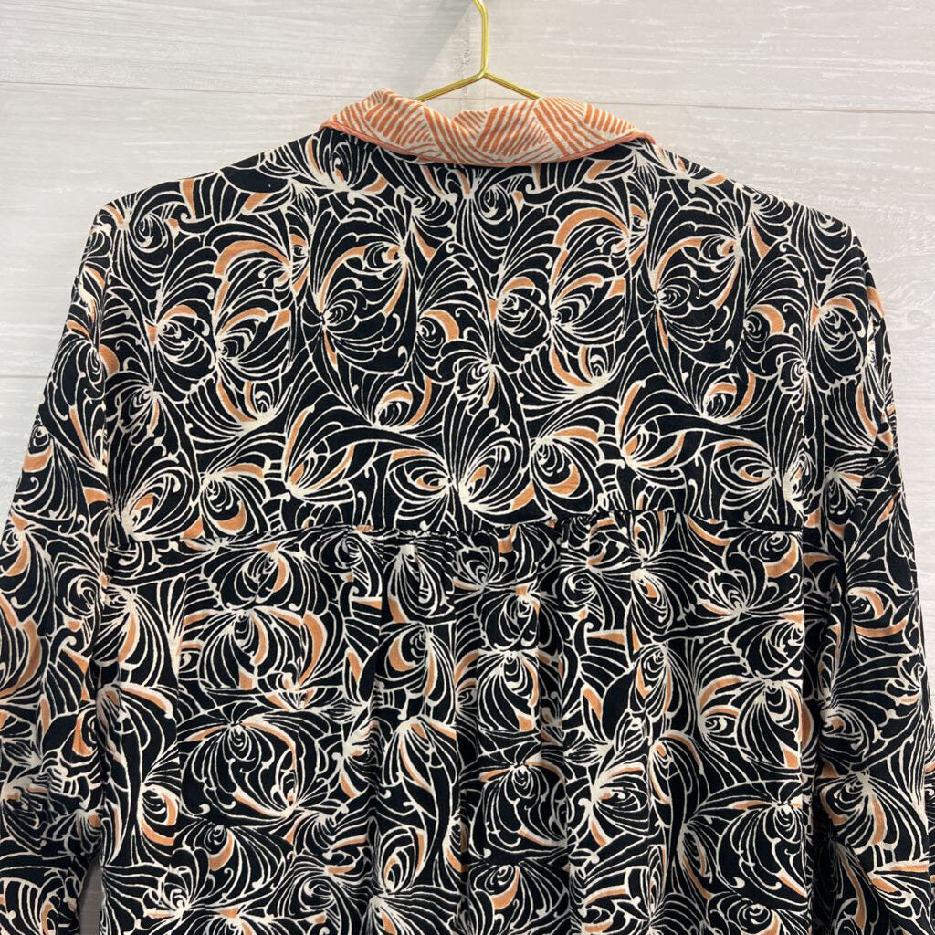 Anthropologie Black/ White/ Orange Print Long Sleeve Button Down Top Medium